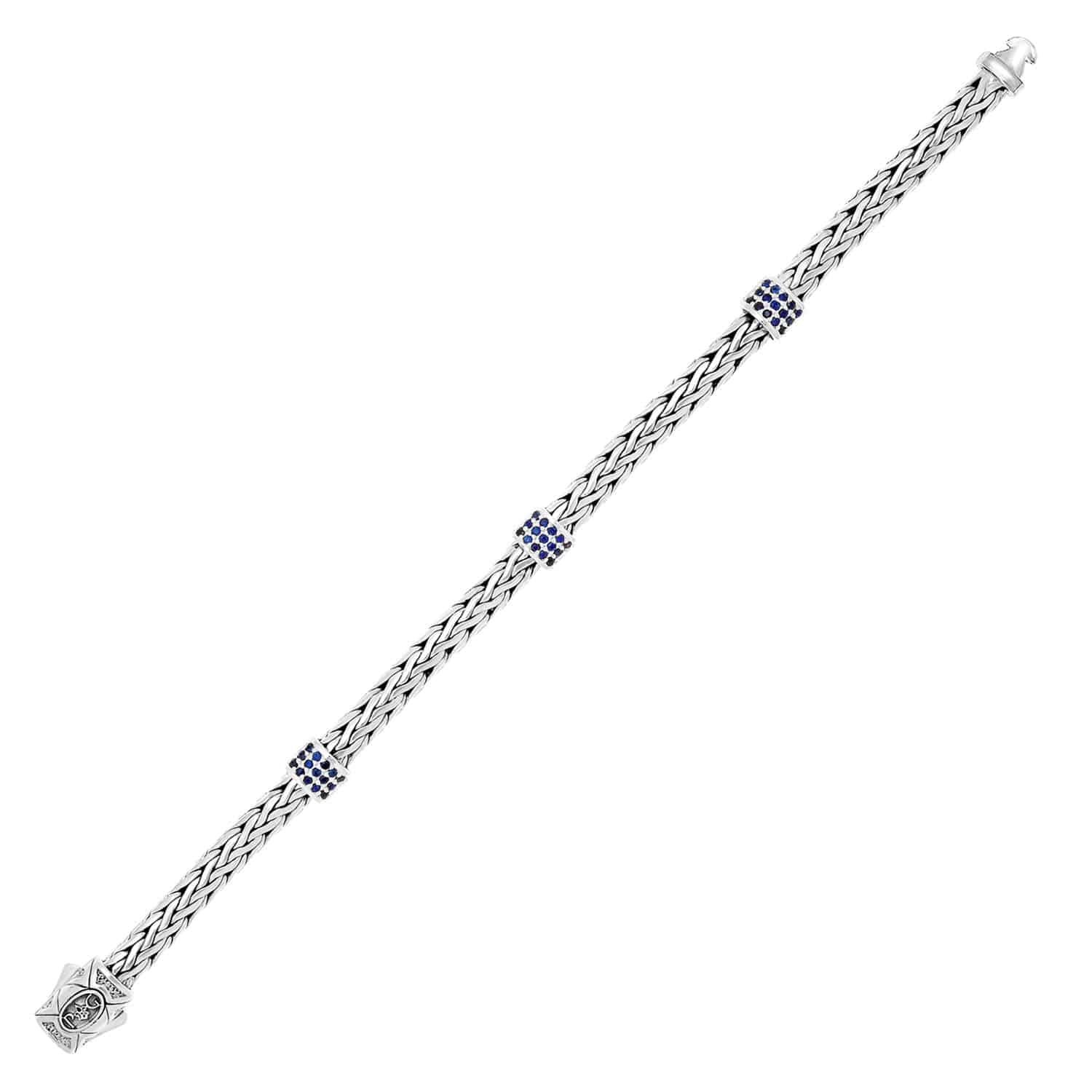 Sterling Silver Woven Bracelet with Blue Sapphire Stations (6.35 mm) |