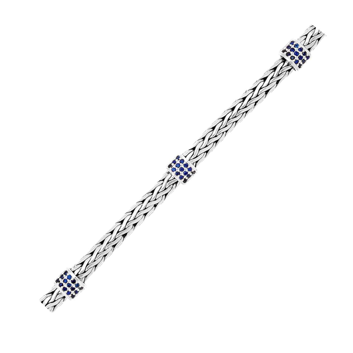 Sterling Silver Woven Bracelet with Blue Sapphire Stations (6.35 mm) |