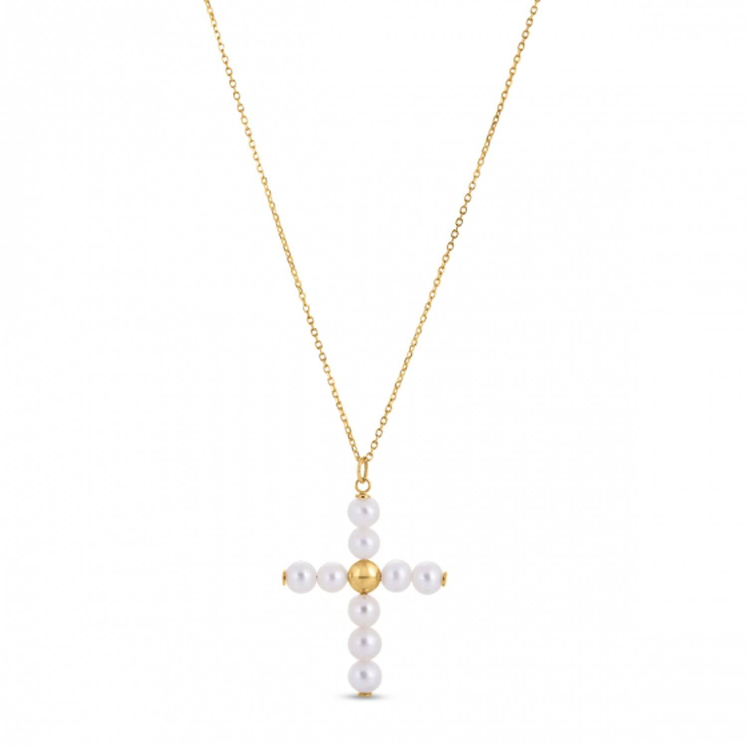 14k Yellow Gold Pearl Cross Pendant