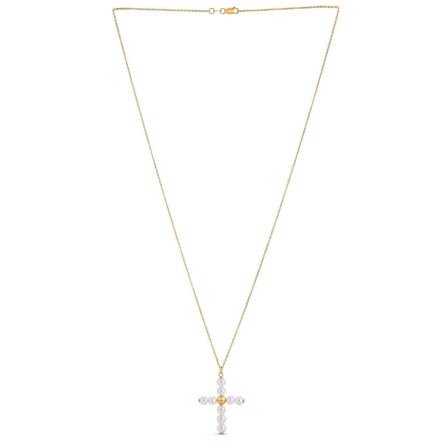 14k Yellow Gold Pearl Cross Pendant