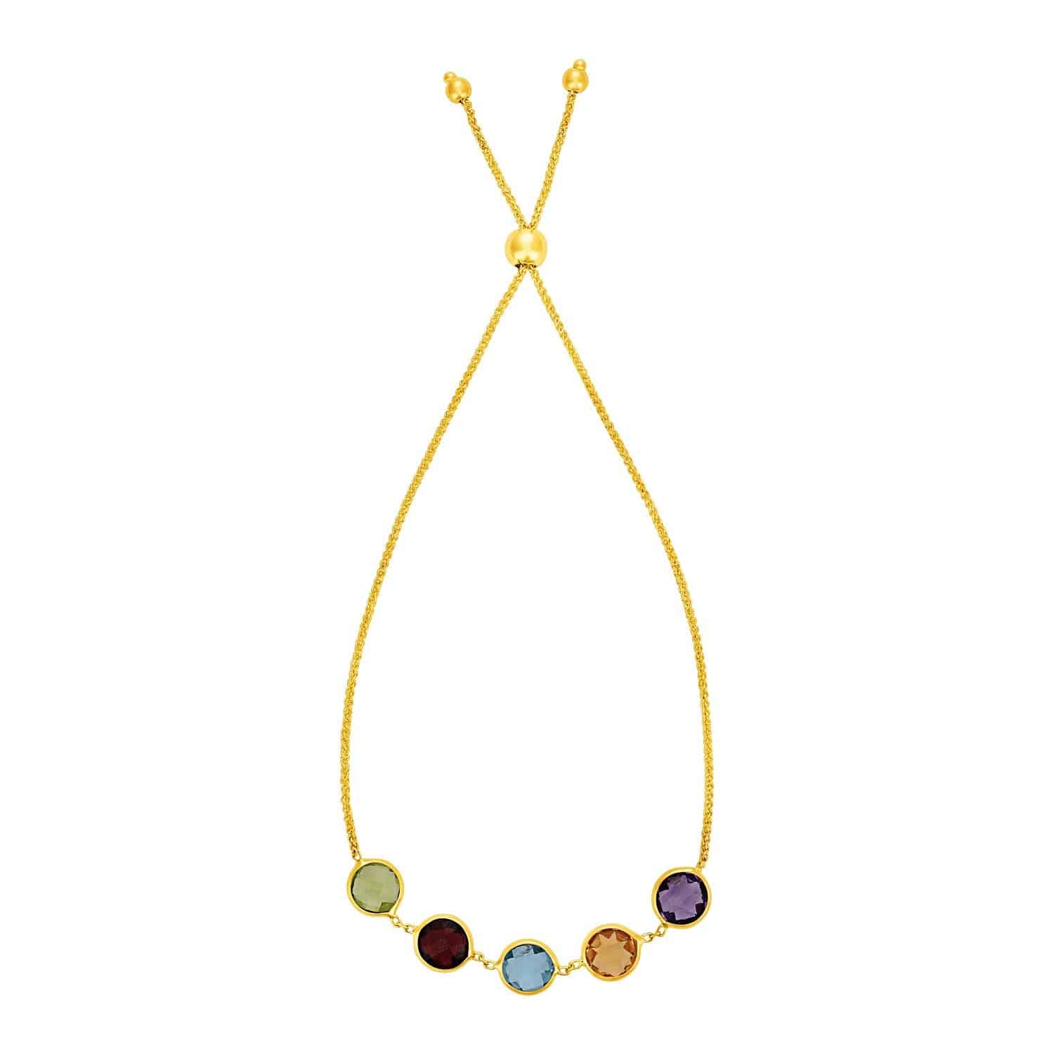 Adjustable Bracelet with Multicolored Round Gemstones in 14k Yellow Gold(1.00mm) |