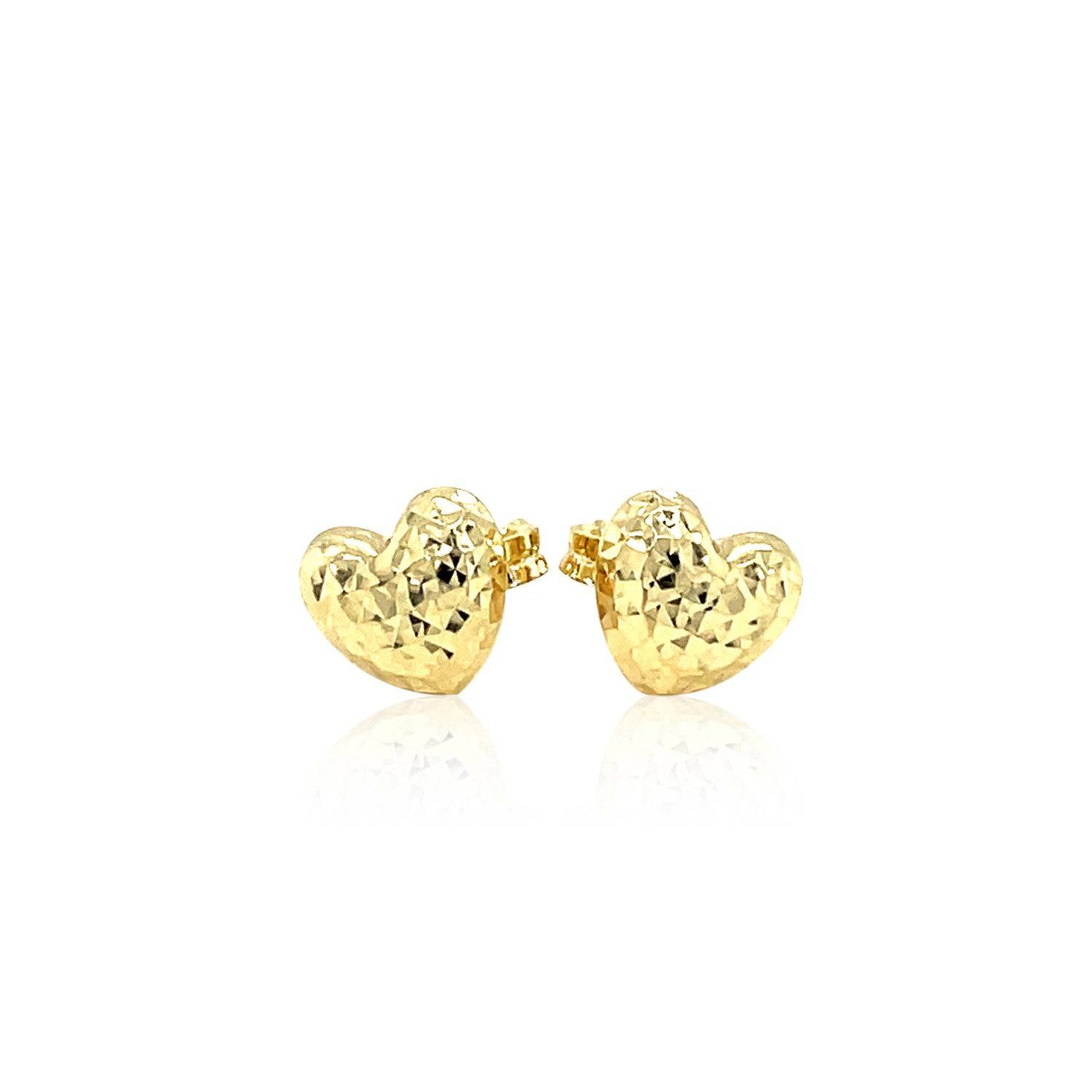 14k Yellow Gold Puffed Heart Earrings with Diamond Cuts(8mm)