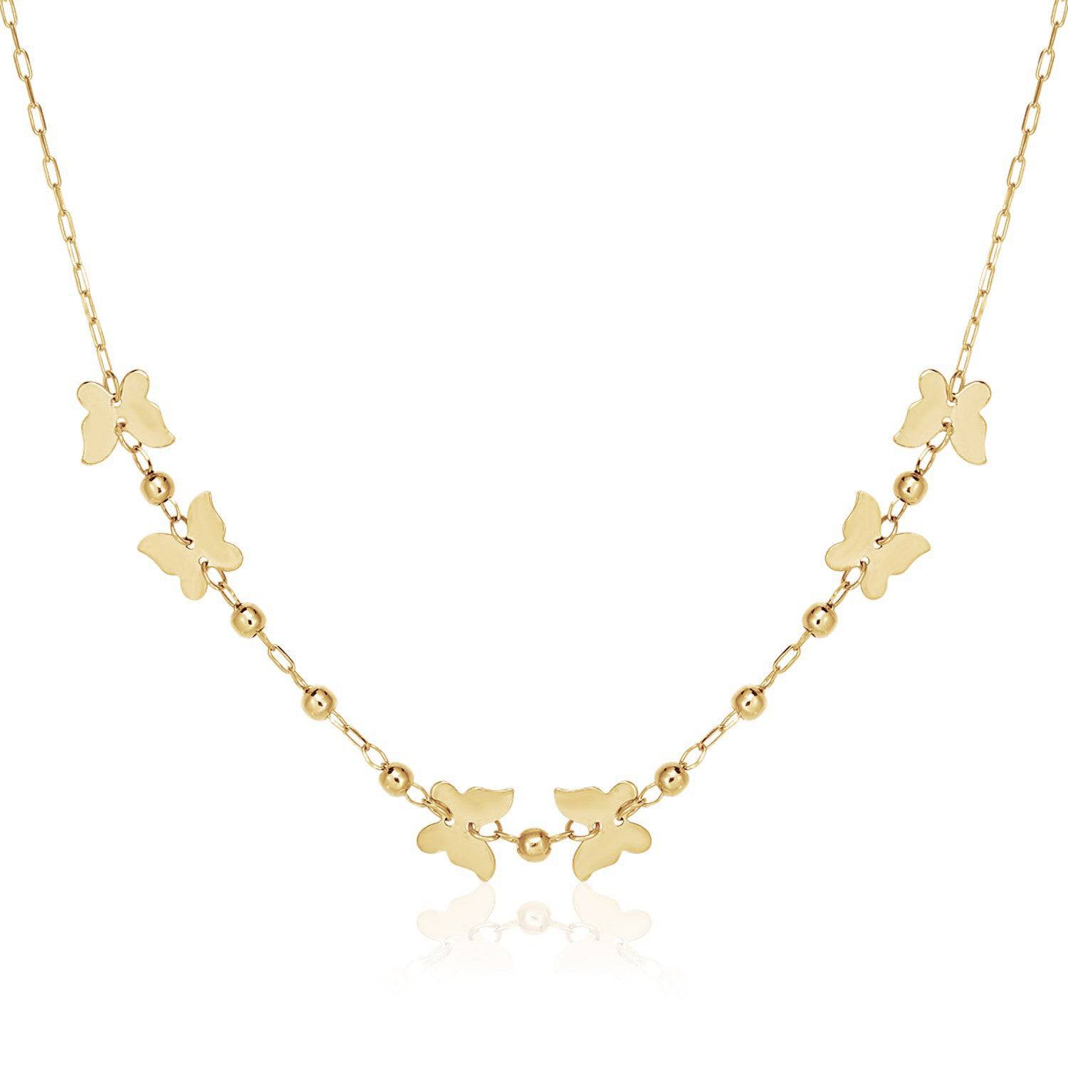 14k Yellow Gold 18 inch Necklace with Polished Butterflies and Beads