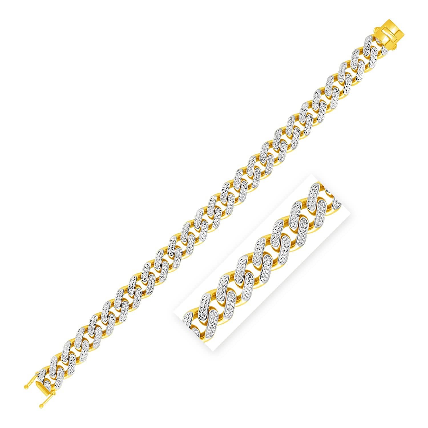 14k Two Tone Gold 8 1/2 inch Curb Chain Bracelet with White Pave (11.50 mm) |