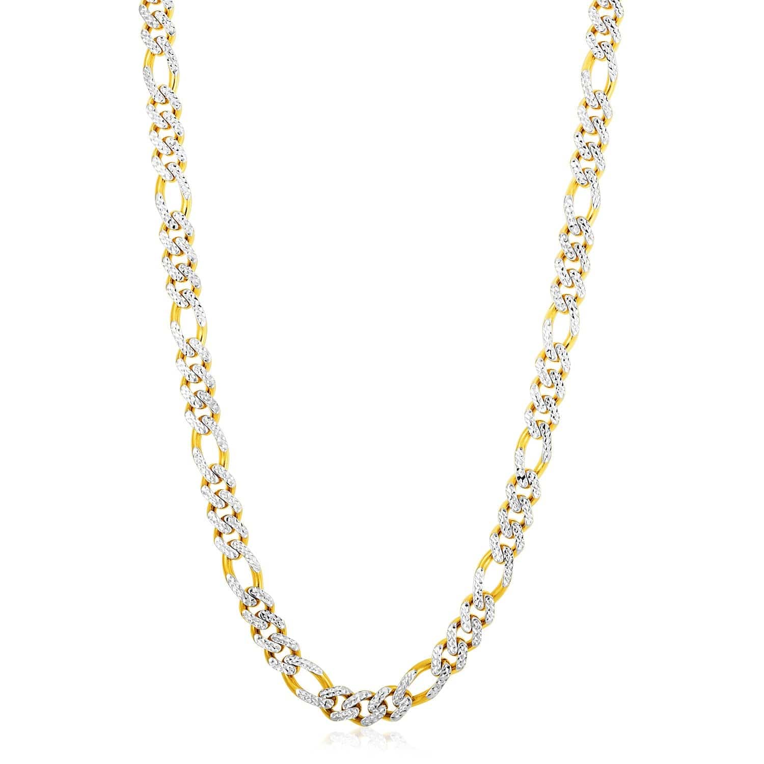 14k Yellow Gold White Pave High Polish Modern Lite Figaro Chain (8.00 mm)