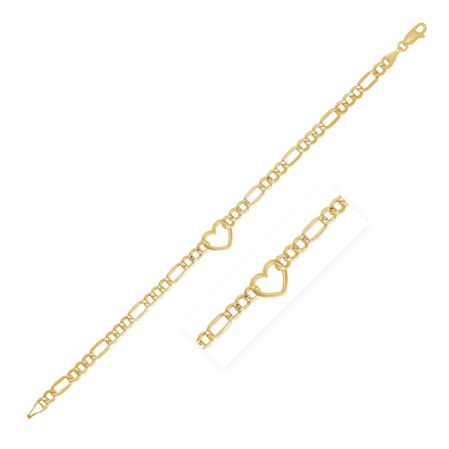 14k Yellow Gold 7 inch Figaro Chain Bracelet with Heart (4.50 mm) |