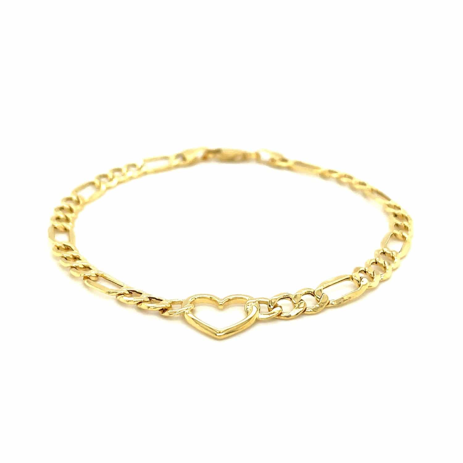 14k Yellow Gold 7 inch Figaro Chain Bracelet with Heart (4.50 mm) |