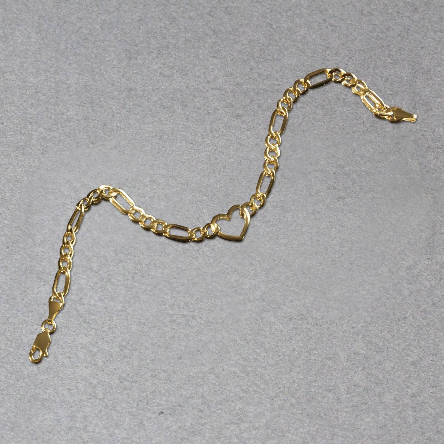 14k Yellow Gold 7 inch Figaro Chain Bracelet with Heart (4.50 mm) | 7''