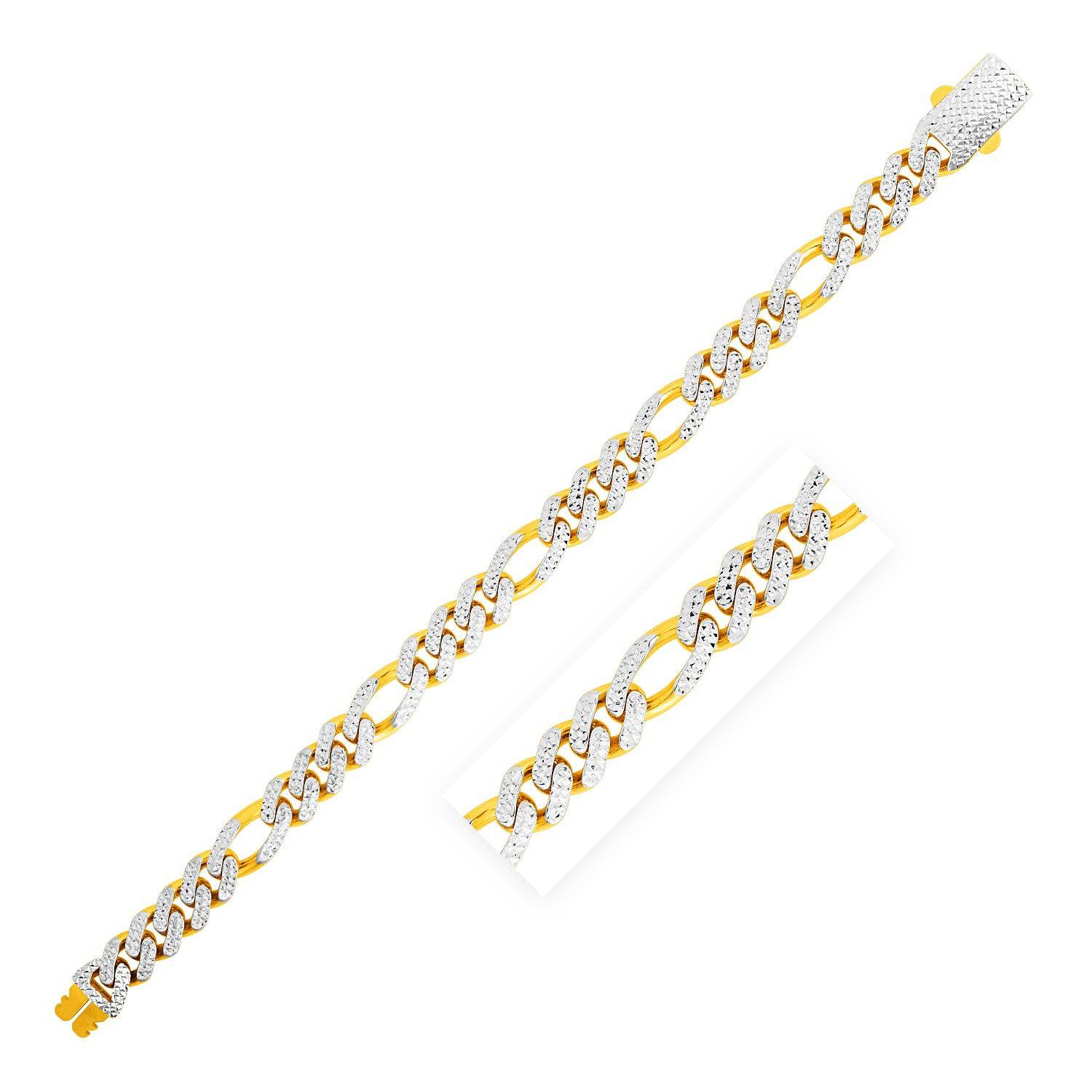 14k Yellow Gold White Pave High Polish Modern Lite Figaro Bracelet  (9.50 mm) |