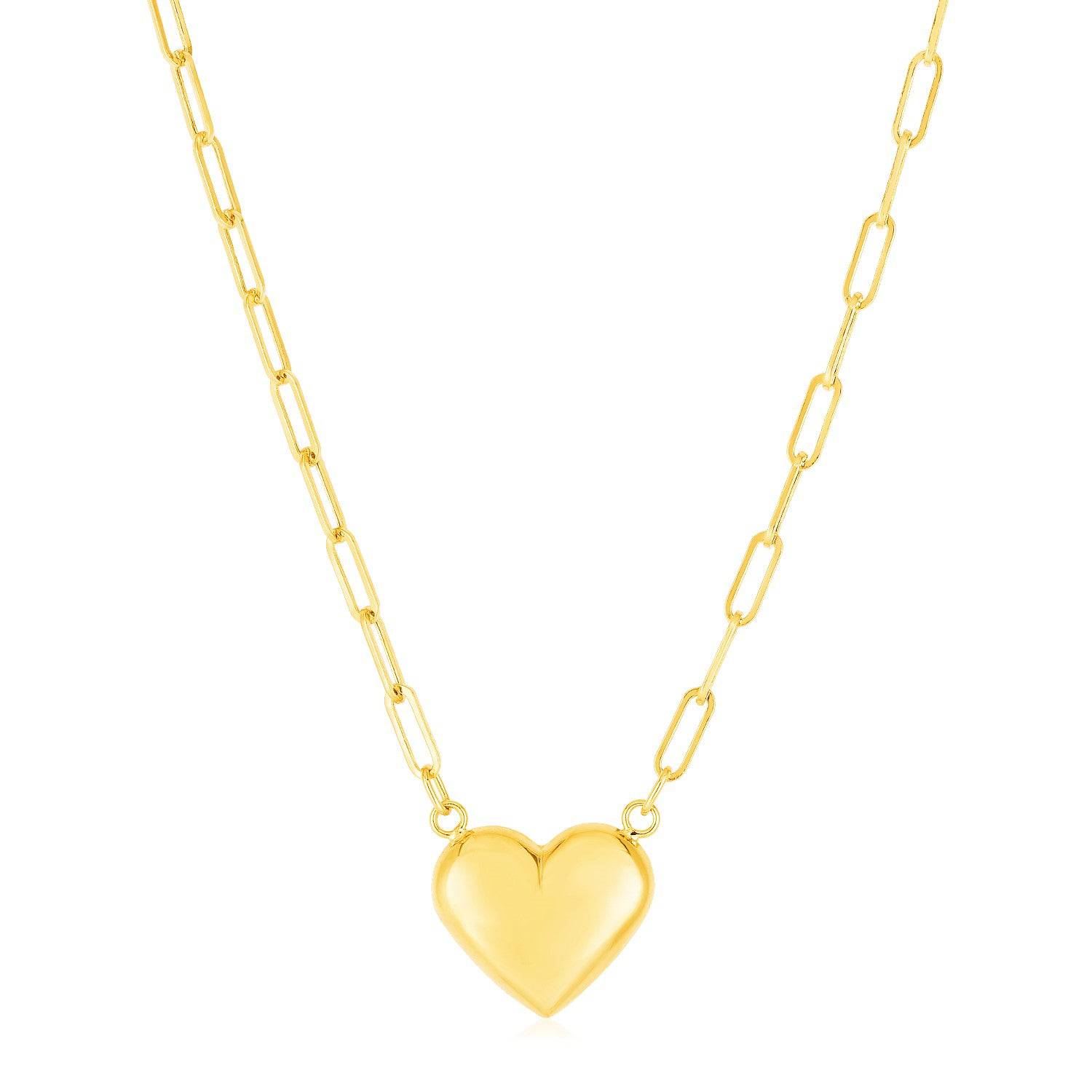 14k Yellow Gold Paperclip Chain Necklace with Puffed Heart