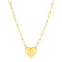 14k Yellow Gold Paperclip Chain Necklace with Puffed Heart