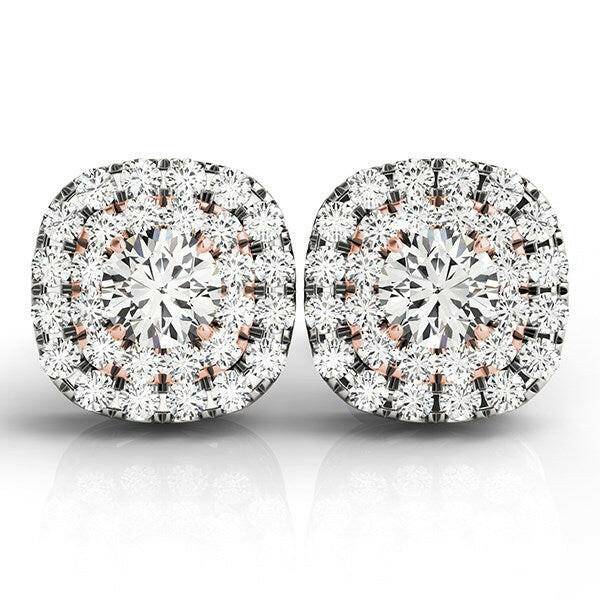 14k White and Rose Gold Cushion Shape Halo Diamond Earrings (3/4 cttw) - Forever in Harmony