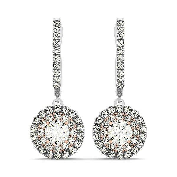 14k White And Rose Gold Drop Diamond Earrings with a Halo Design (3/4 cttw) - Forever in Harmony