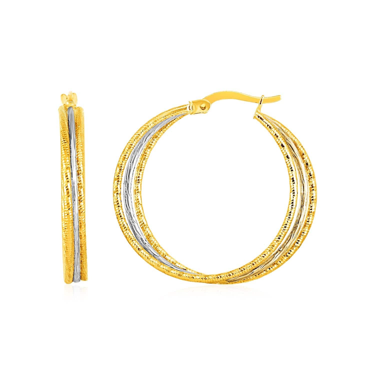 Three Part Textured Hoop Earrings in 14k Yellow and White Gold