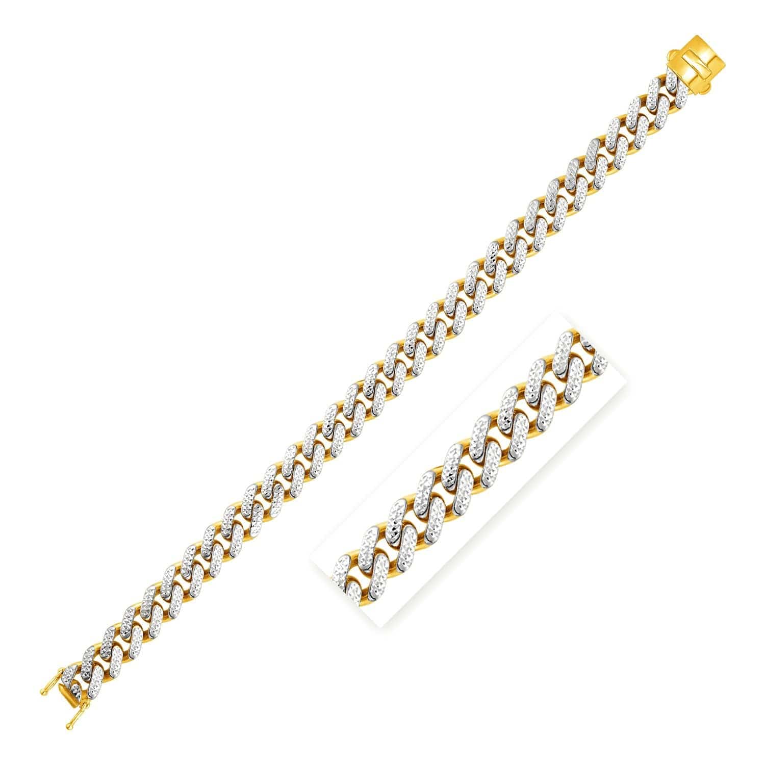 14k Two Tone Gold 8 1/4 inch Curb Chain Bracelet with White Pave (9.50 mm) |