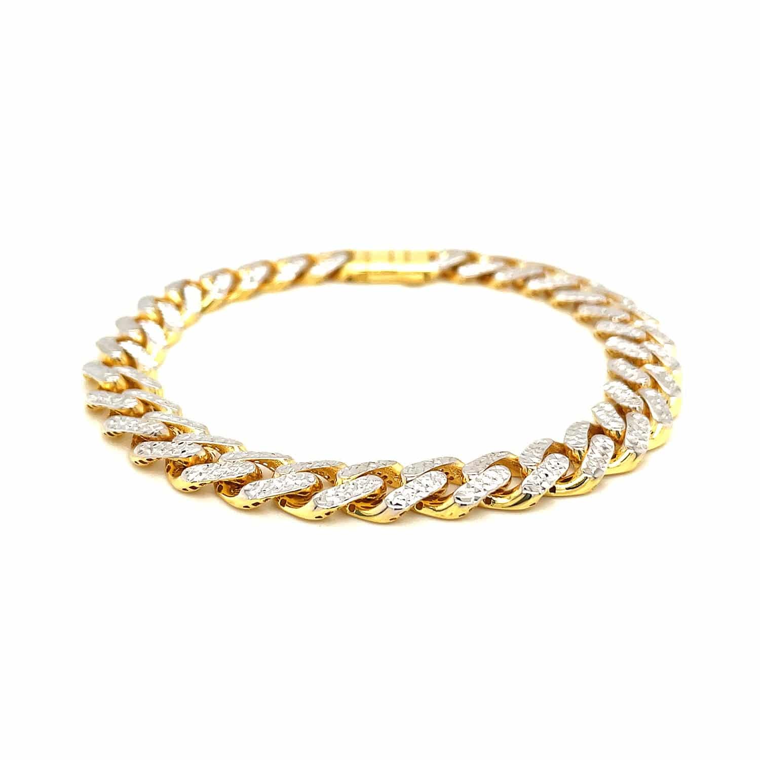 14k Two Tone Gold 8 1/4 inch Curb Chain Bracelet with White Pave (9.50 mm) |