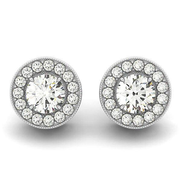 14k White Gold Round Diamond Halo Milgrain Border Earrings (3/4 cttw) - Forever in Harmony