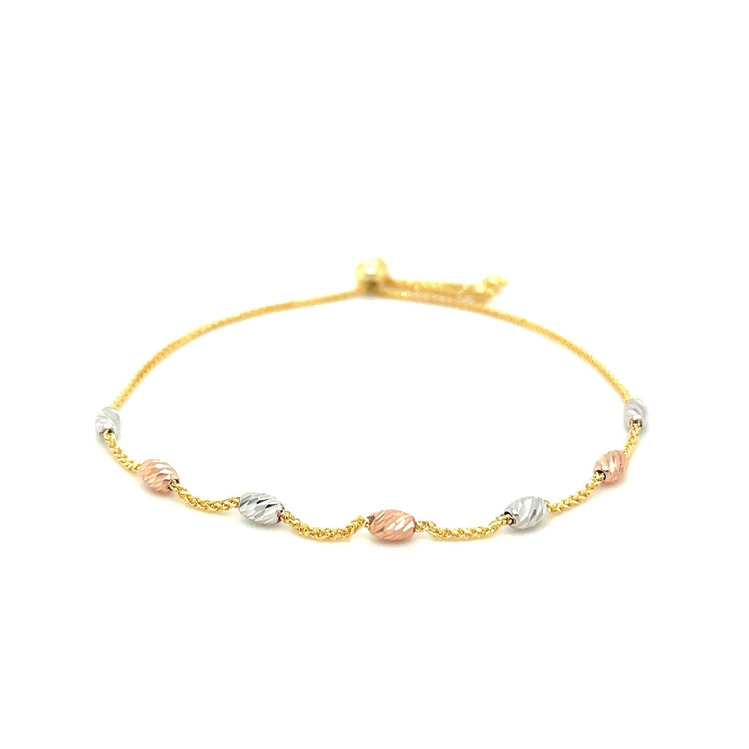 14k Tri-Color Gold Textured Oval Station Lariat Style Bracelet (1.20 mm) |