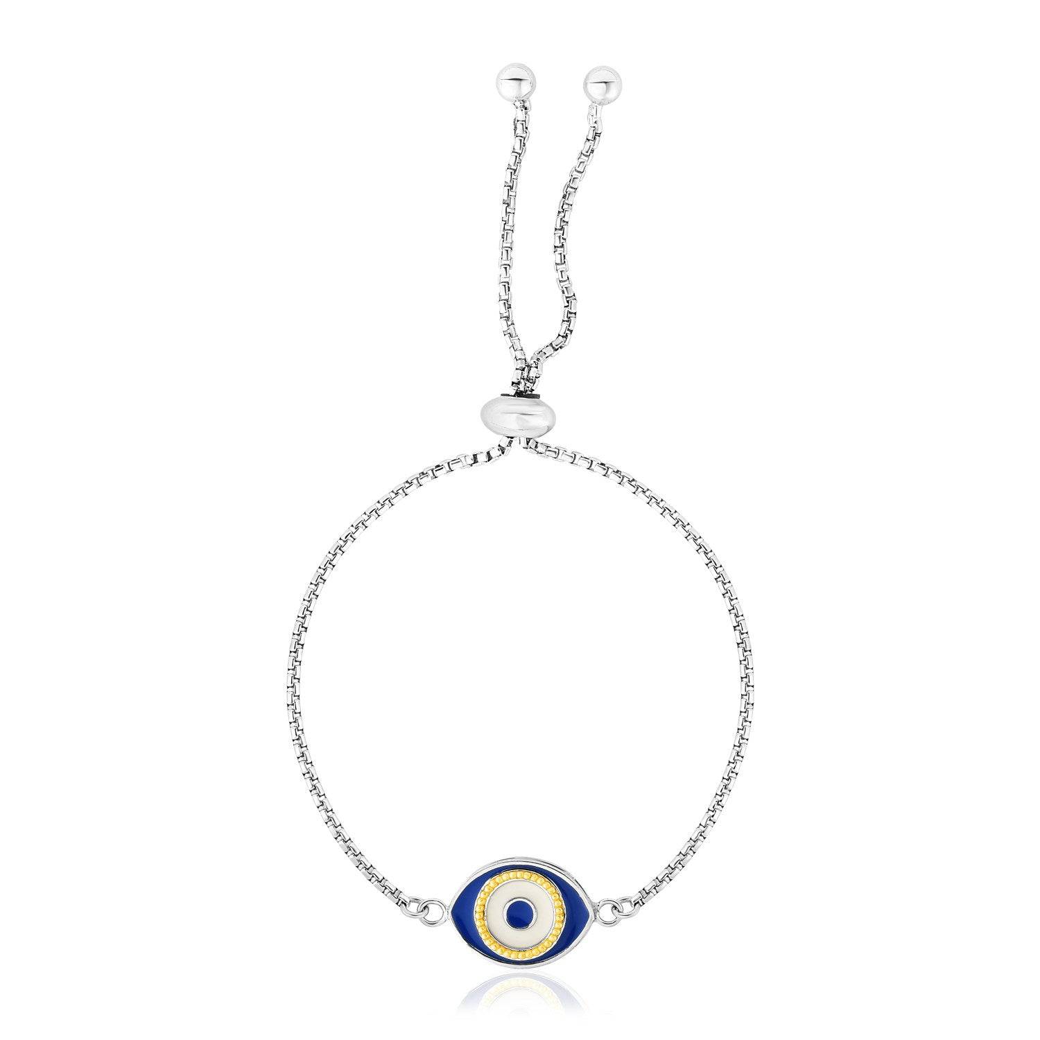 Sterling Silver Adjustable Two Toned Enameled Evil Eye Friendship Bracelet |