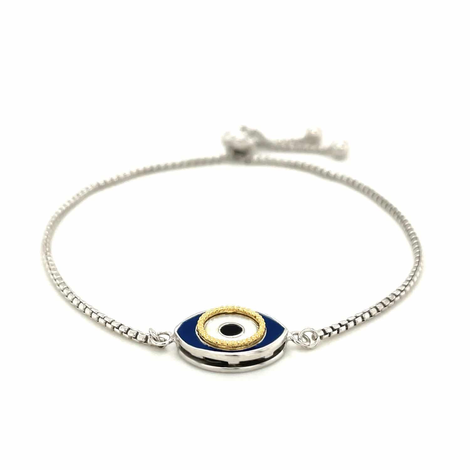 Sterling Silver Adjustable Two Toned Enameled Evil Eye Friendship Bracelet |