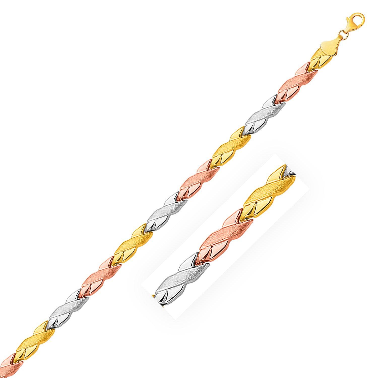 14k Tri-Color Gold Shiny and Textured X Link Bracelet (6.35 mm) |