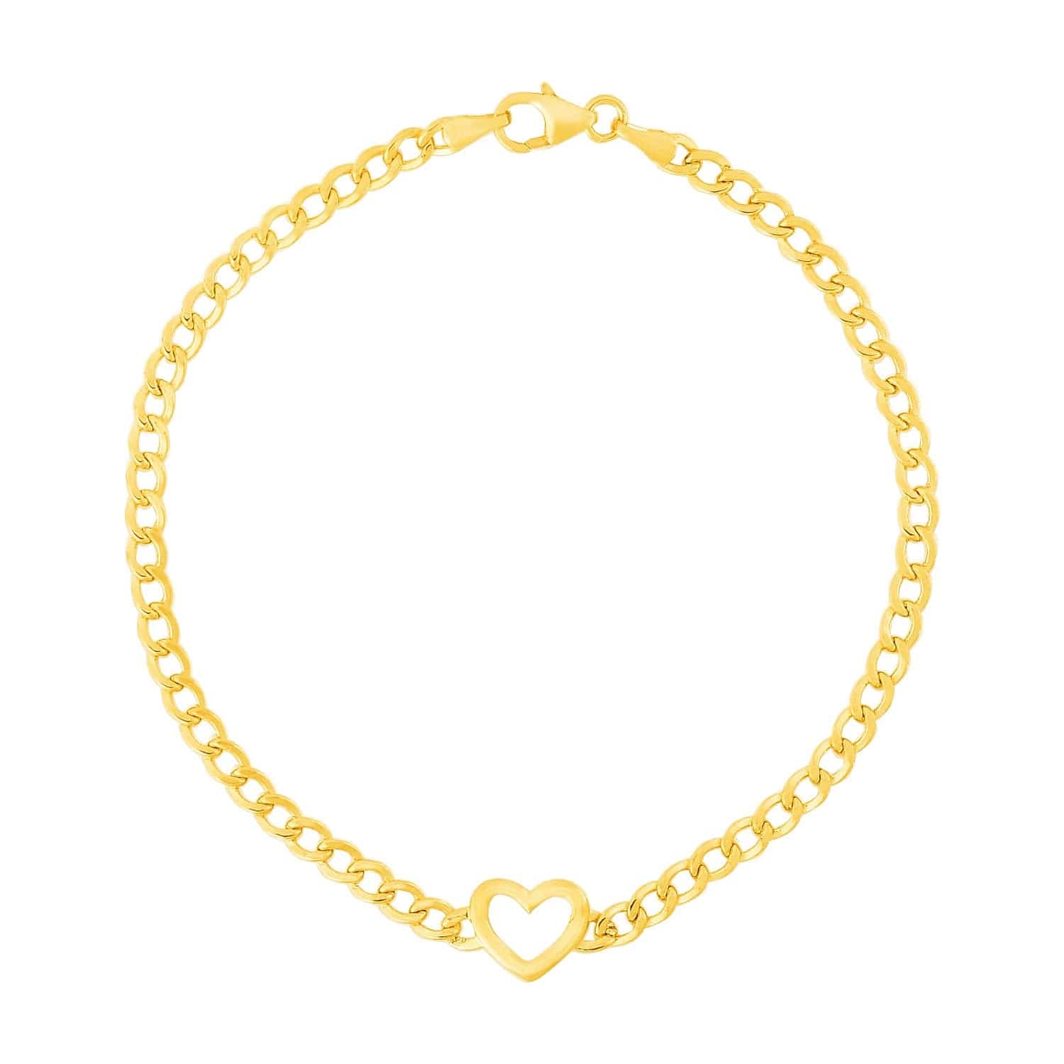 14k Yellow Gold 7 inch Curb Chain Bracelet with Heart (3.40 mm) |