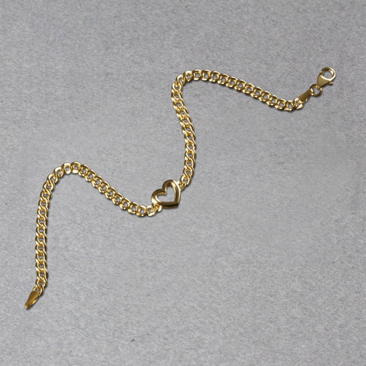 14k Yellow Gold 7 inch Curb Chain Bracelet with Heart (3.40 mm) | - Forever in Harmony