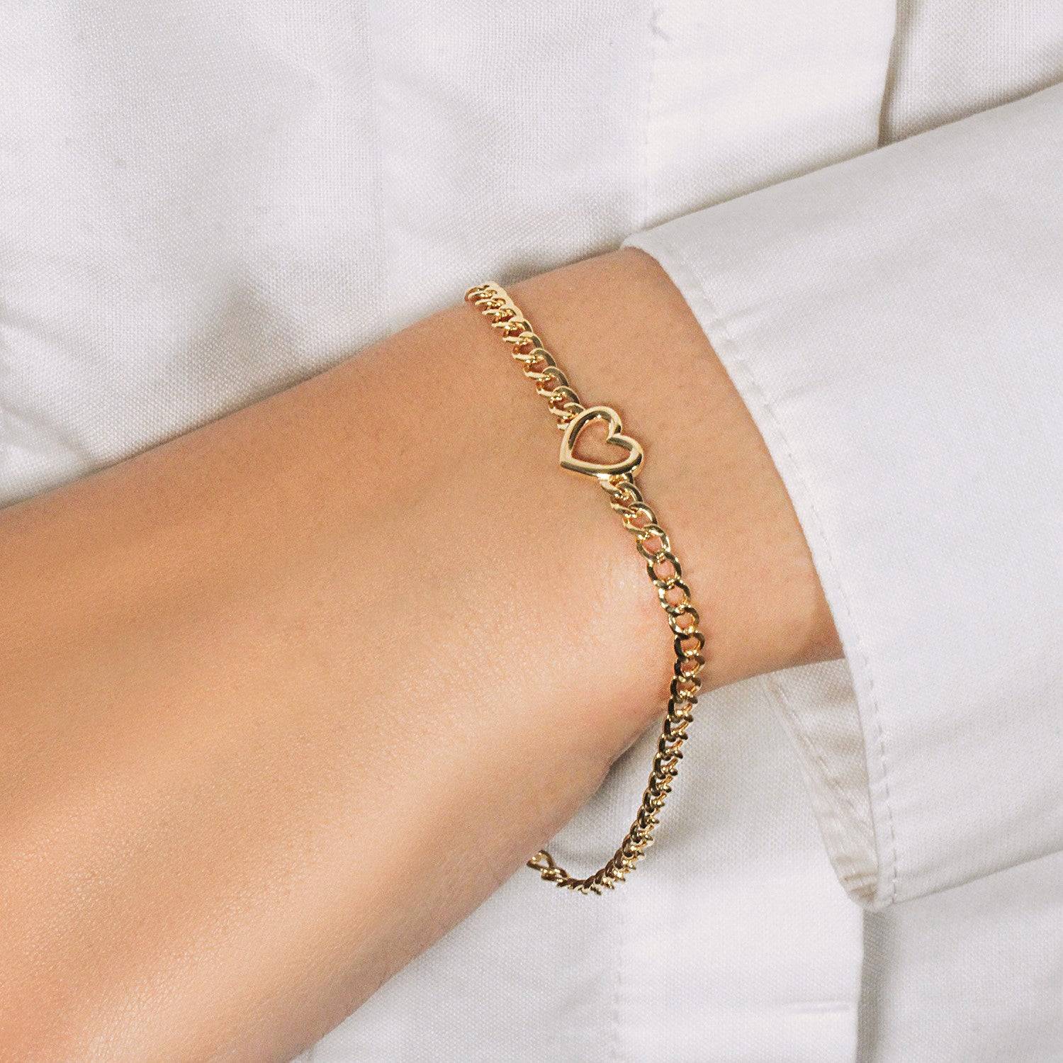 14k Yellow Gold 7 inch Curb Chain Bracelet with Heart (3.40 mm) | - Forever in Harmony