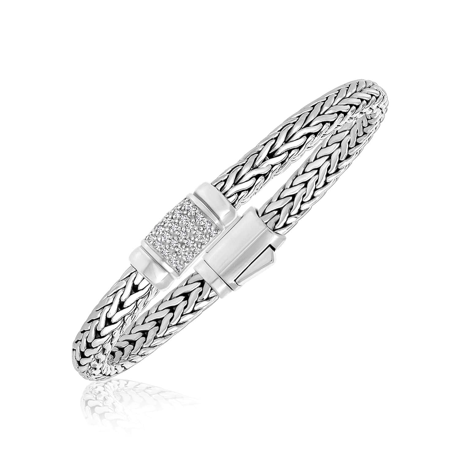 Sterling Silver Weave Motif Bracelet with White Sapphire Accents (6.35 mm) |