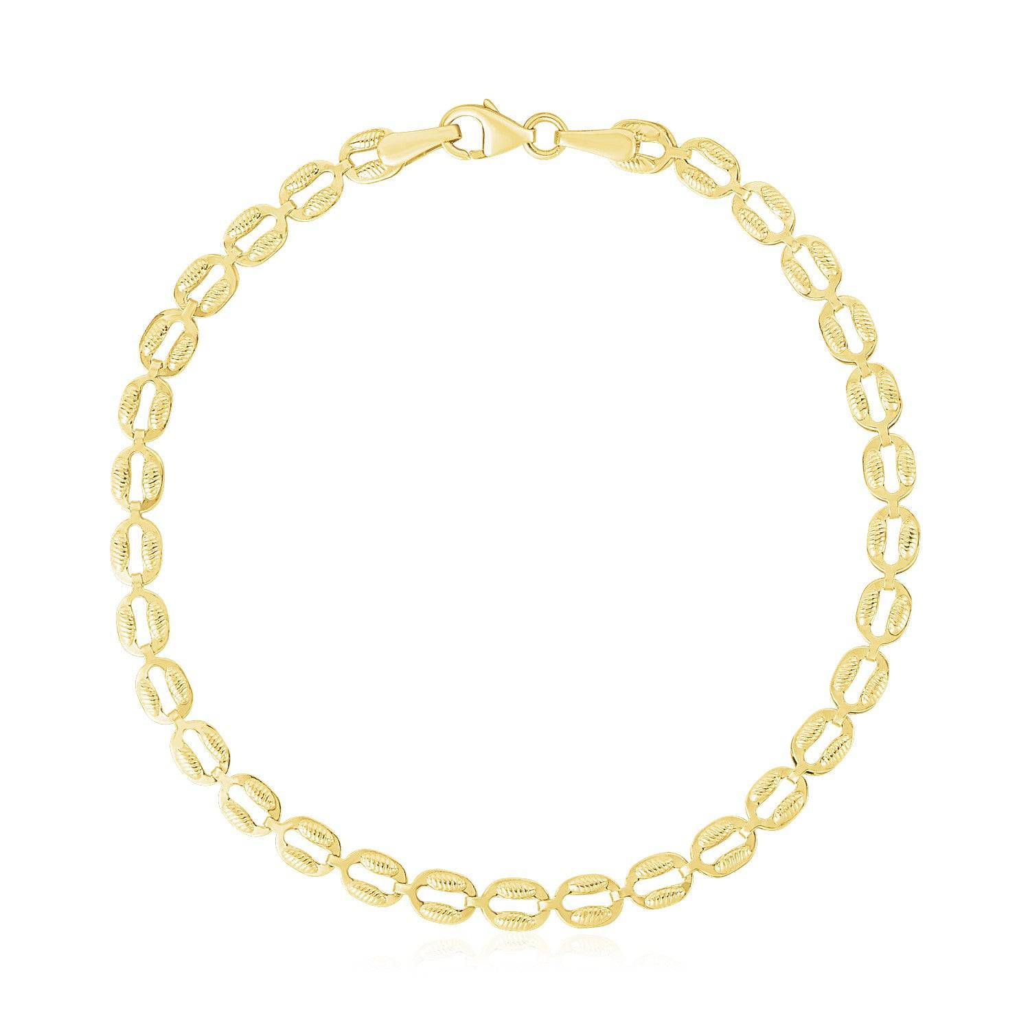 14k Yellow Gold High Polish Textured Puffed Oval Link Bracelet  (3.80 mm) |