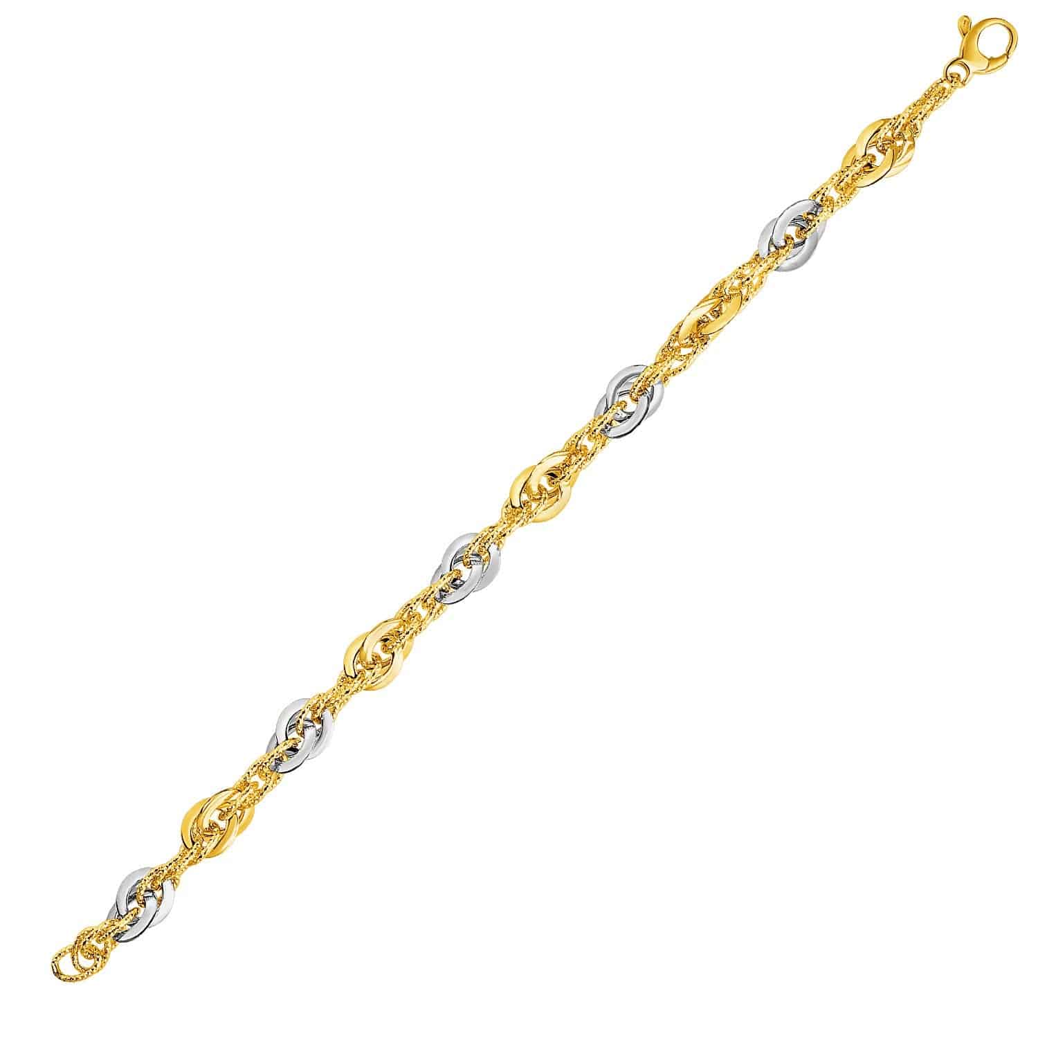 14k Two-Tone Yellow and White Gold Double Link Textured Bracelet (10.00 mm) |