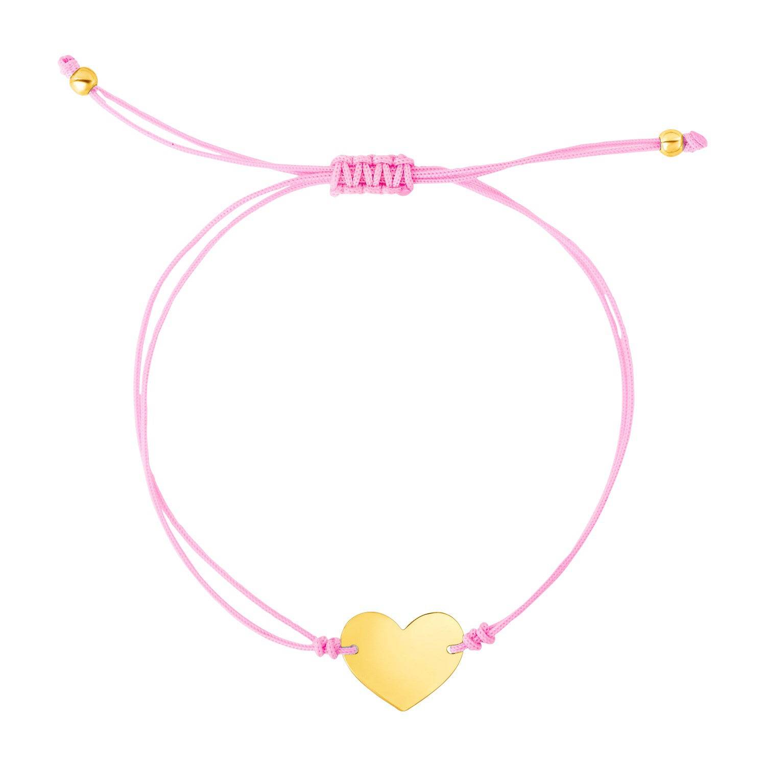 9 1/4 inch Pink Cord Adjustable Bracelet with 14k yellow Gold Heart |