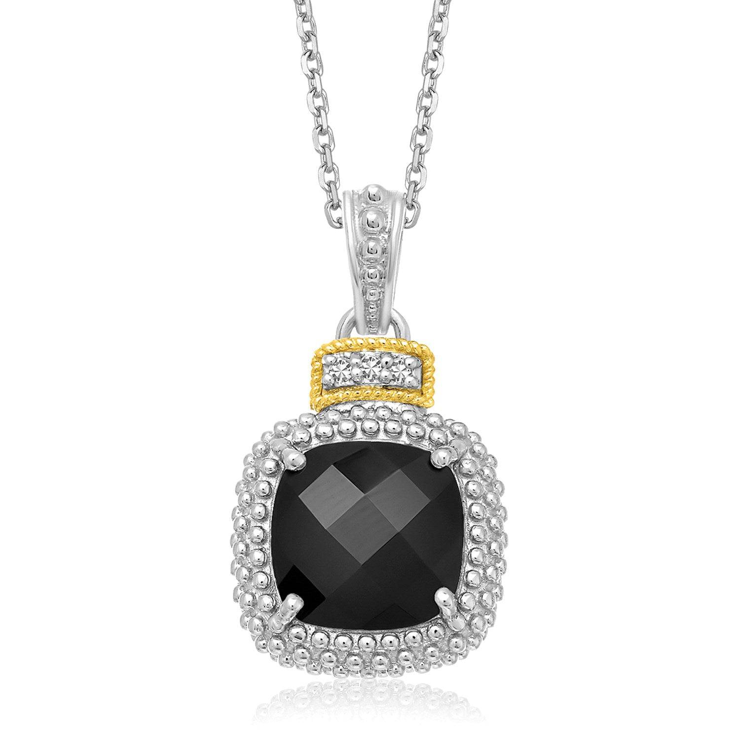 18k Yellow Gold & Sterling Silver Popcorn Cushion Black Onyx and Diamond Pendant |