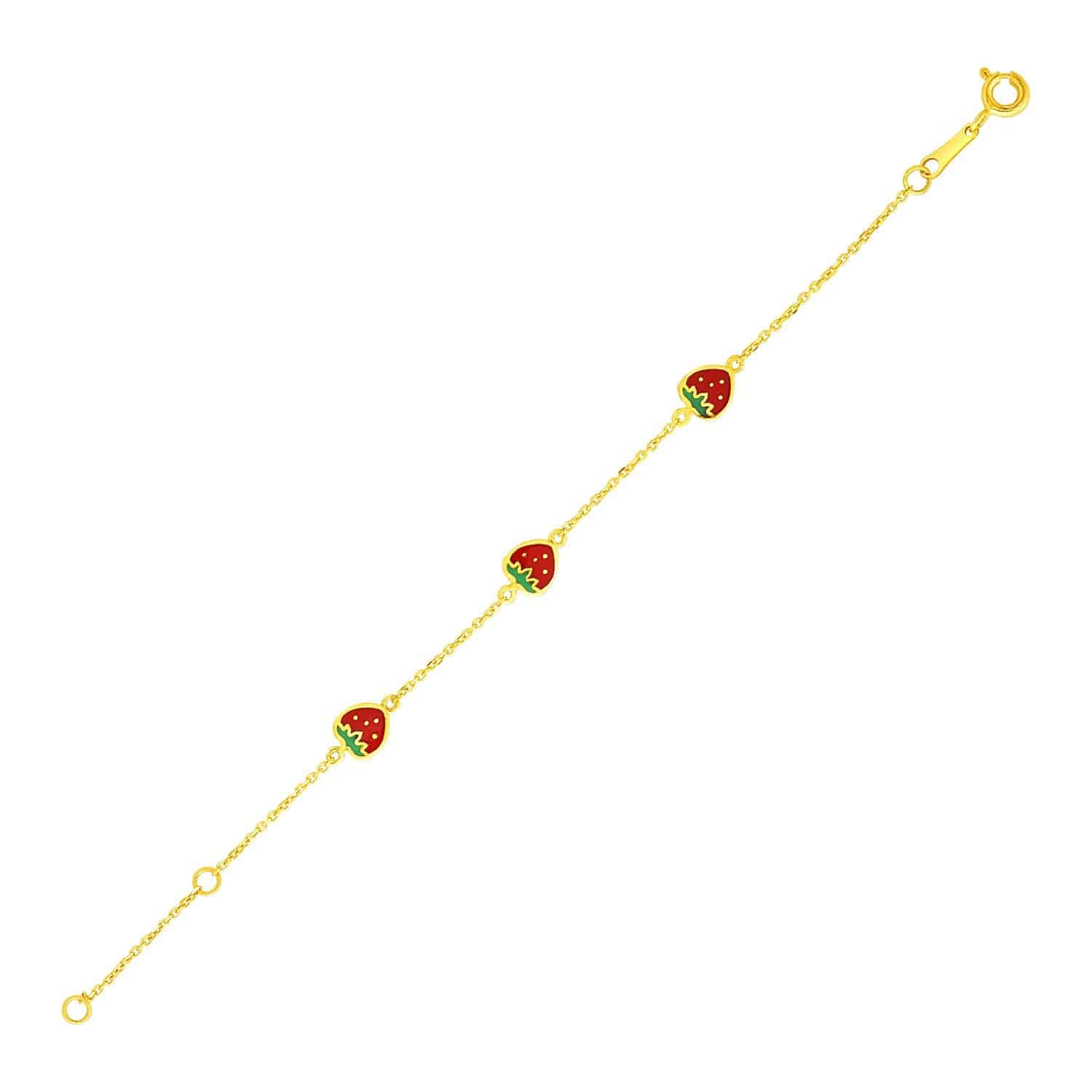 14k Yellow Gold Childrens Bracelet with Enameled Strawberries(1.00 mm) |