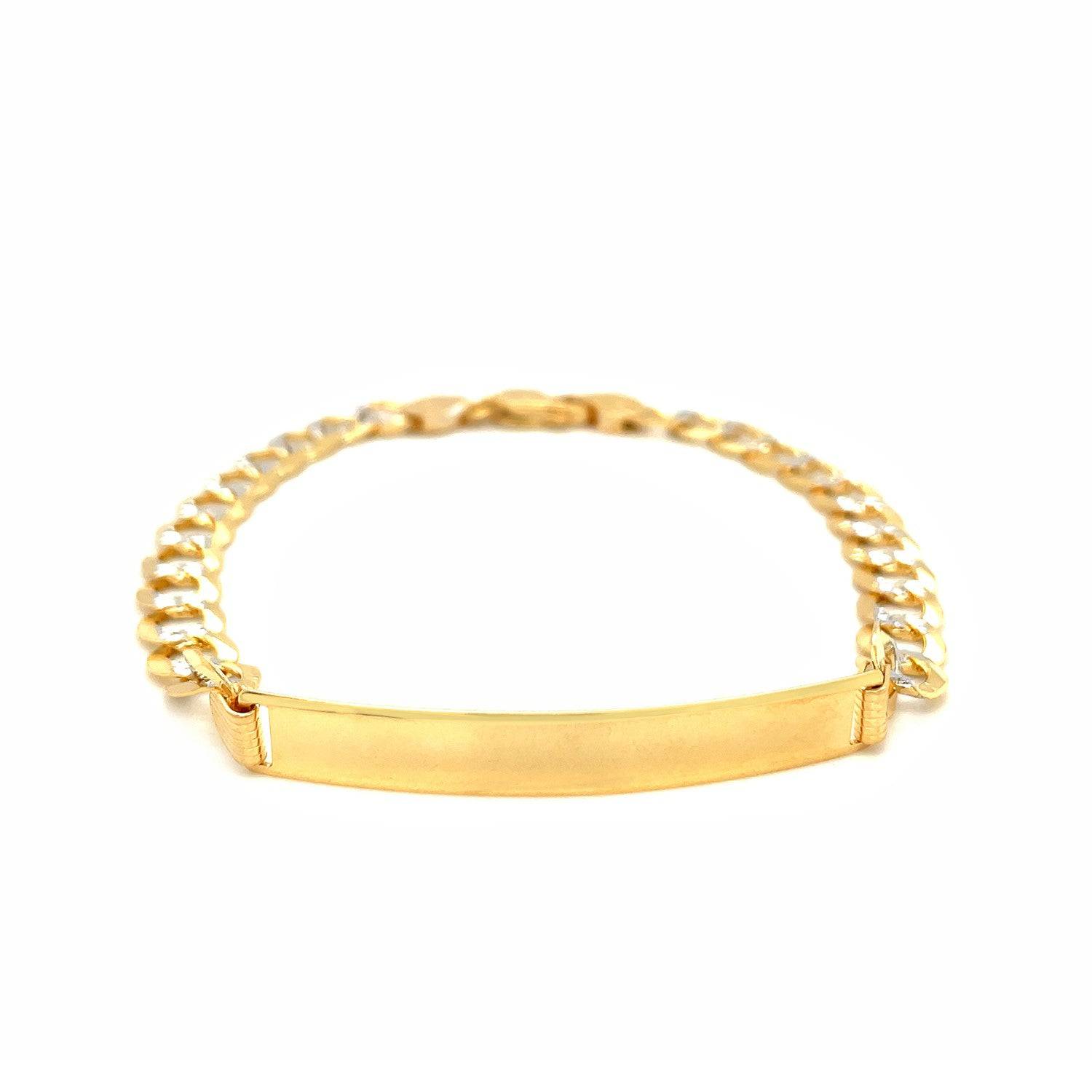 14k Two Tone Gold Mens Narrow Curb Chain ID Bracelet with White Pave (6.70 mm) | 8.5''