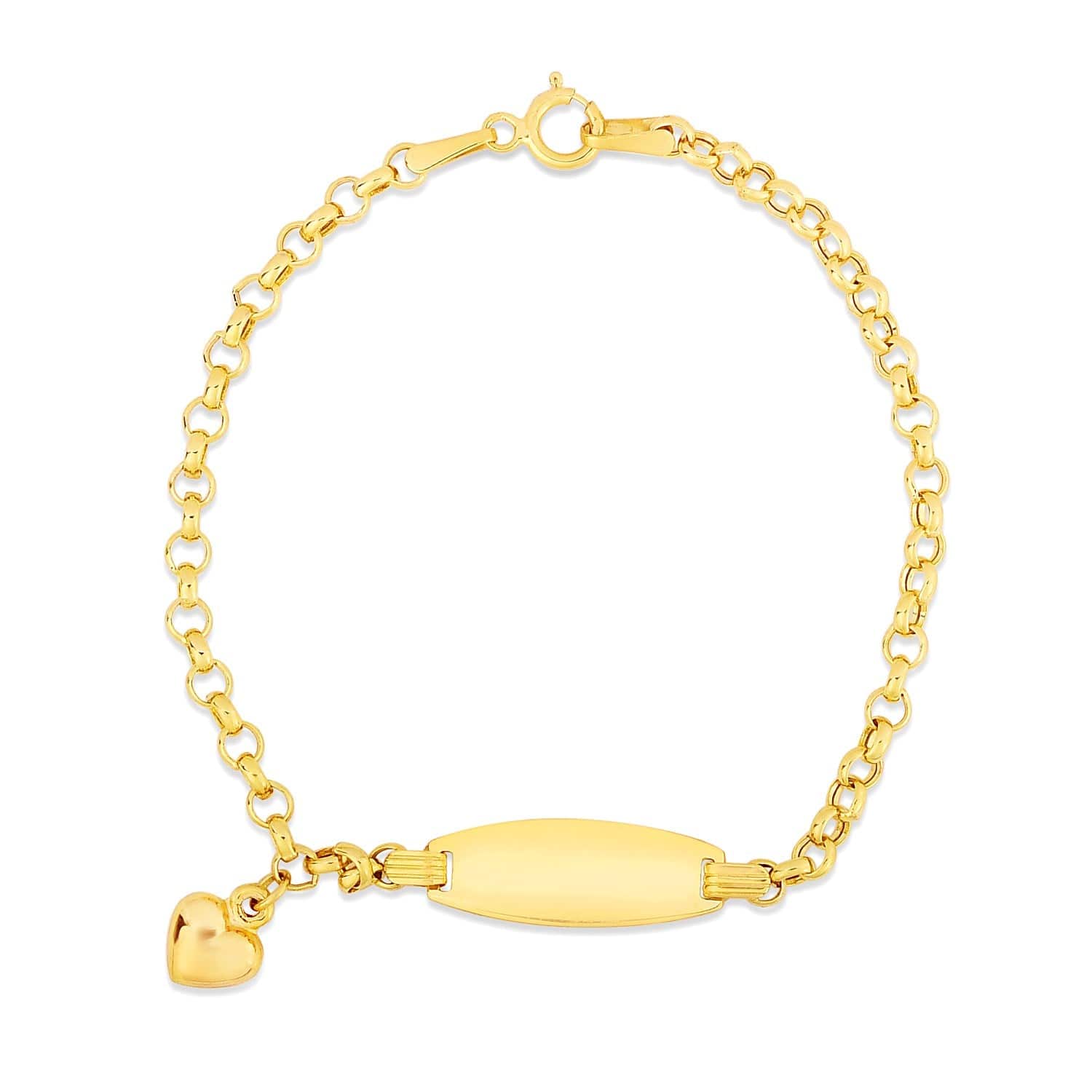 14k Yellow Gold Heart Accented Childrens Cable Chain ID Bracelet (6.35 mm) |