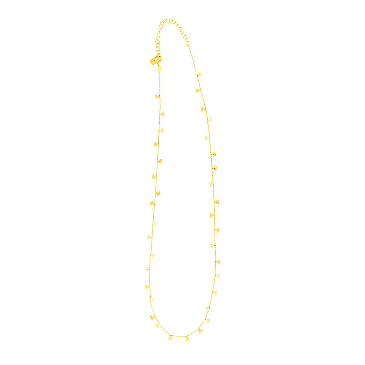 14K Yellow Gold Necklace with Dangling Hearts |