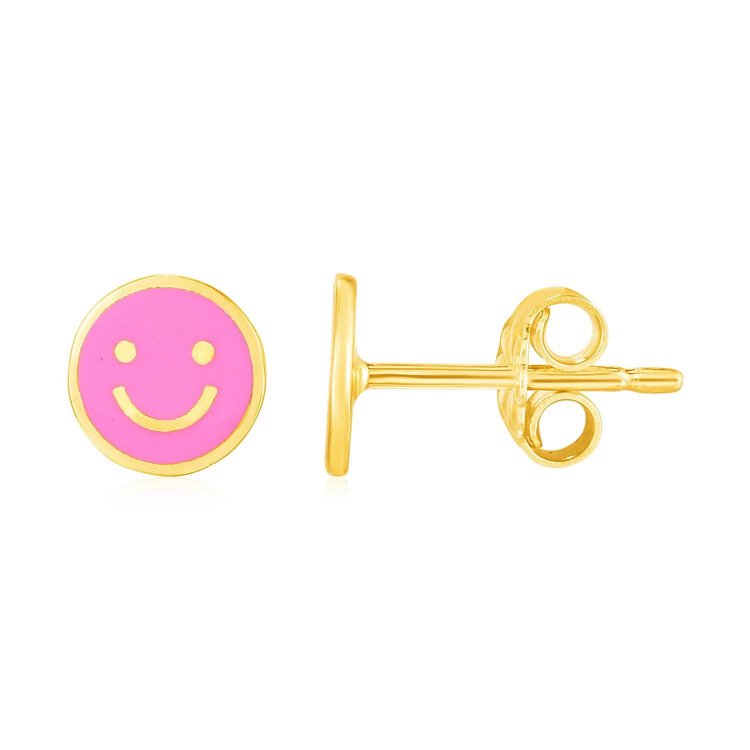 14k Yellow Gold and Enamel Pink Smiley Face Stud Earrings(6.8mm)