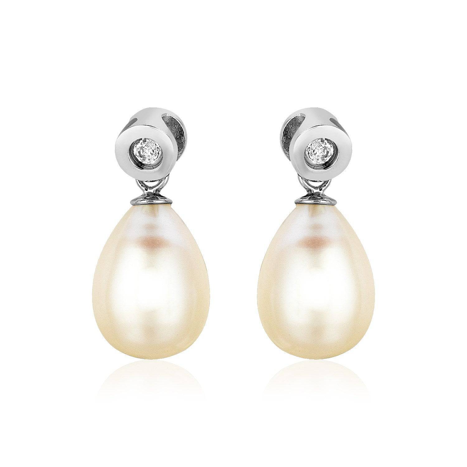 Sterling Silver Earrings with Pear Shaped Freshwater Pearls and Cubic Zirconias