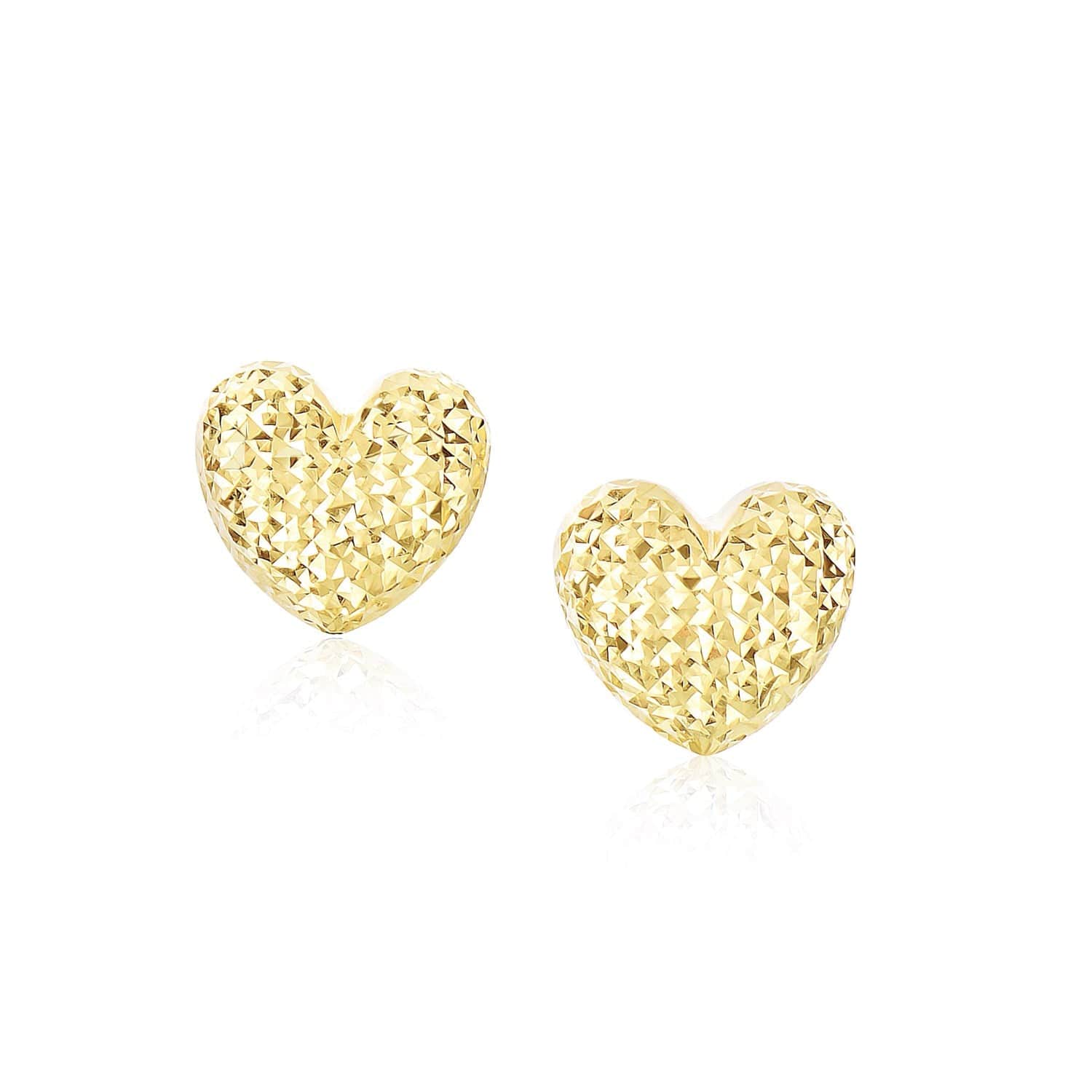 14k Yellow Gold Puffed Heart Earrings with Diamond Cuts