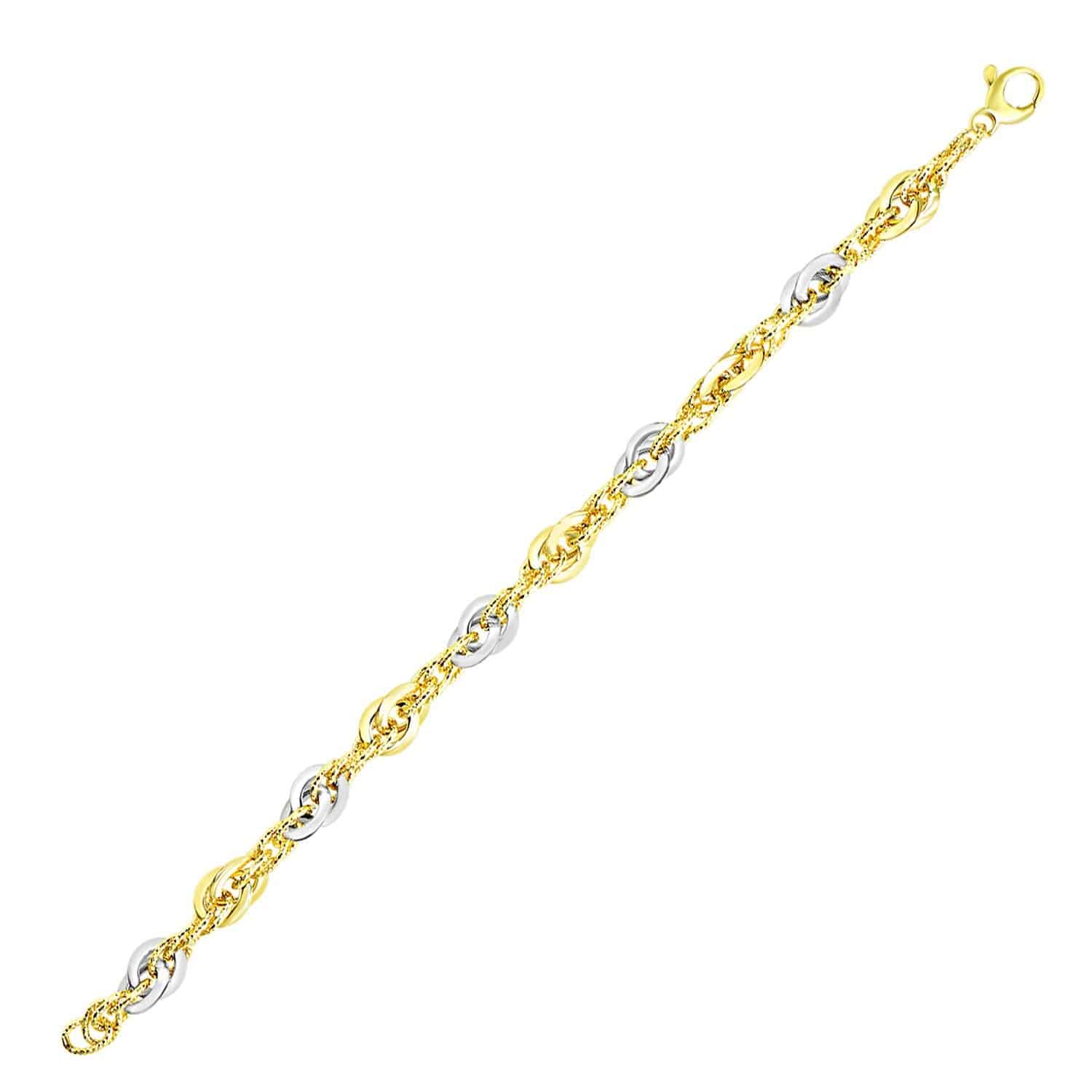 14k Two-Tone Gold Interlaced Smooth and Textured Link Bracelet (10.00 mm) |