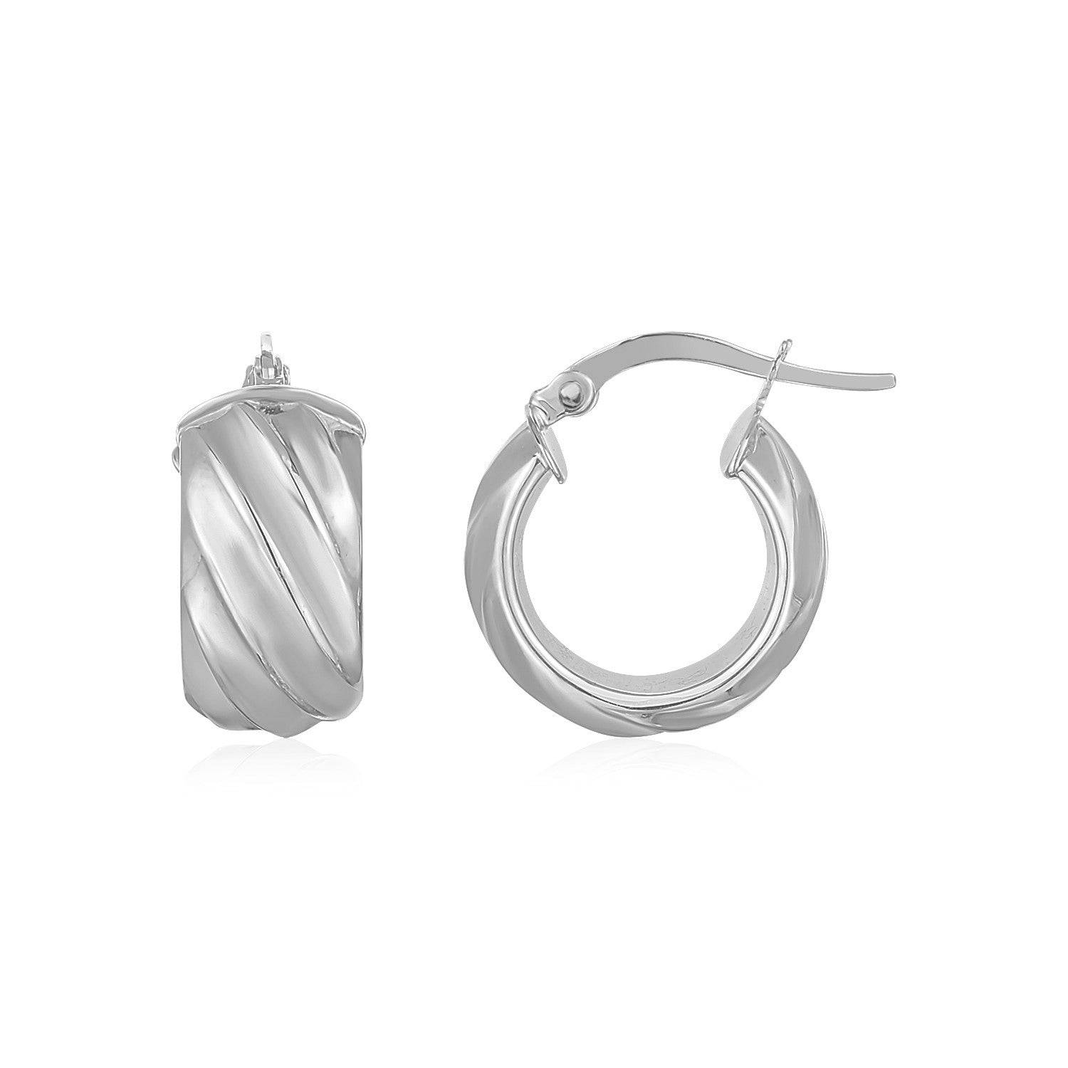 14K White Gold Ribbed Hoop Earrings Wide