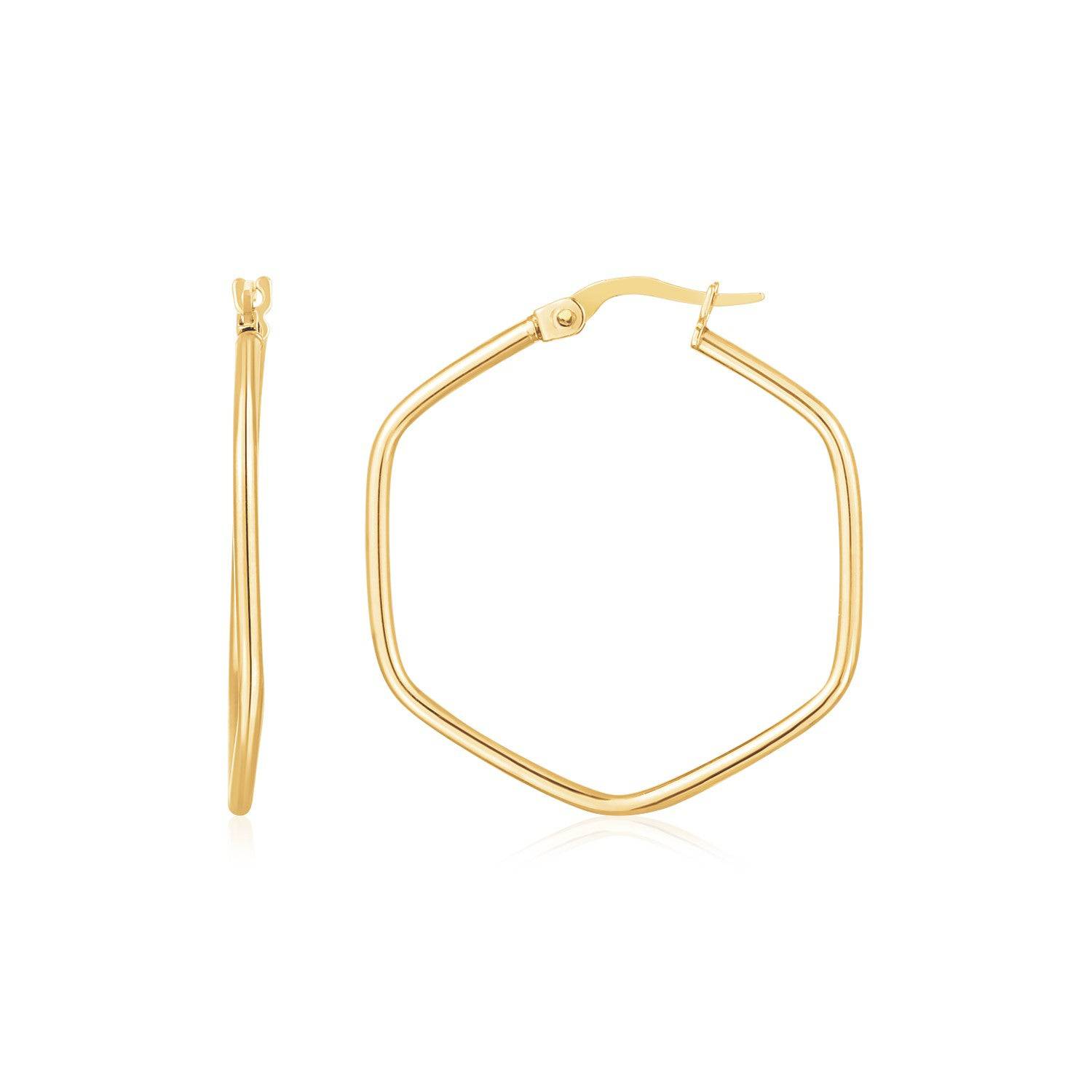 14K Yellow Gold Hexagon Hoop Rounded Edge Earrings