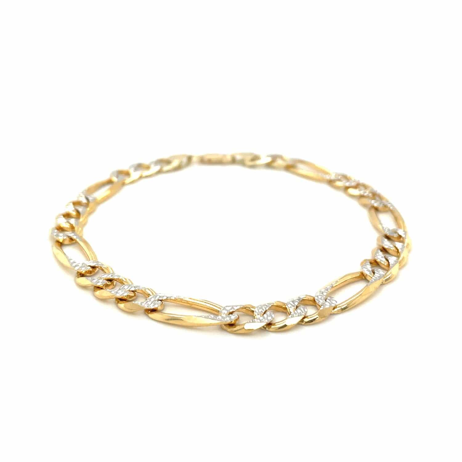 14K Yellow Two Tone Solid Pave Figaro Bracelet (7.00 mm) |