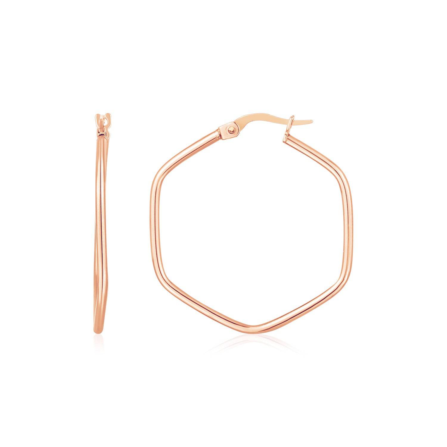 14K Rose Gold Hexagon Hoop Rounded Edge Earrings