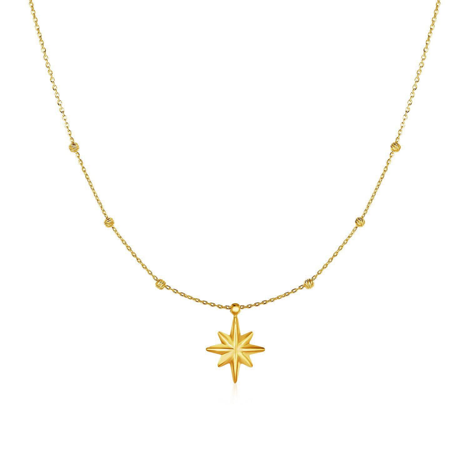 14k Yellow Gold Necklace with Eight Pointed Star and Beads