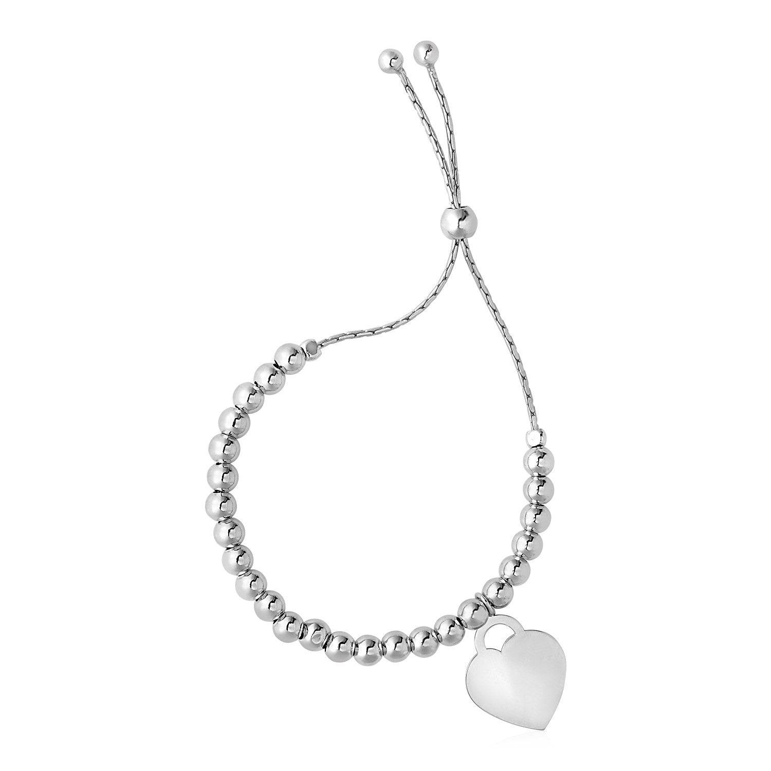 Adjustable Shiny Bead Bracelet with Heart Charm in Sterling Silver (1.30 mm) |