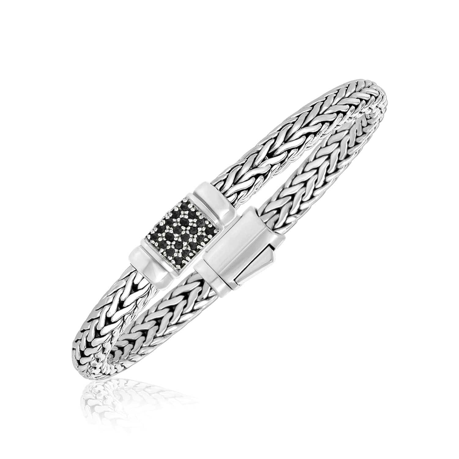 Sterling Silver Weave Style Bracelet with Black Sapphire Accents (7.10 mm) |