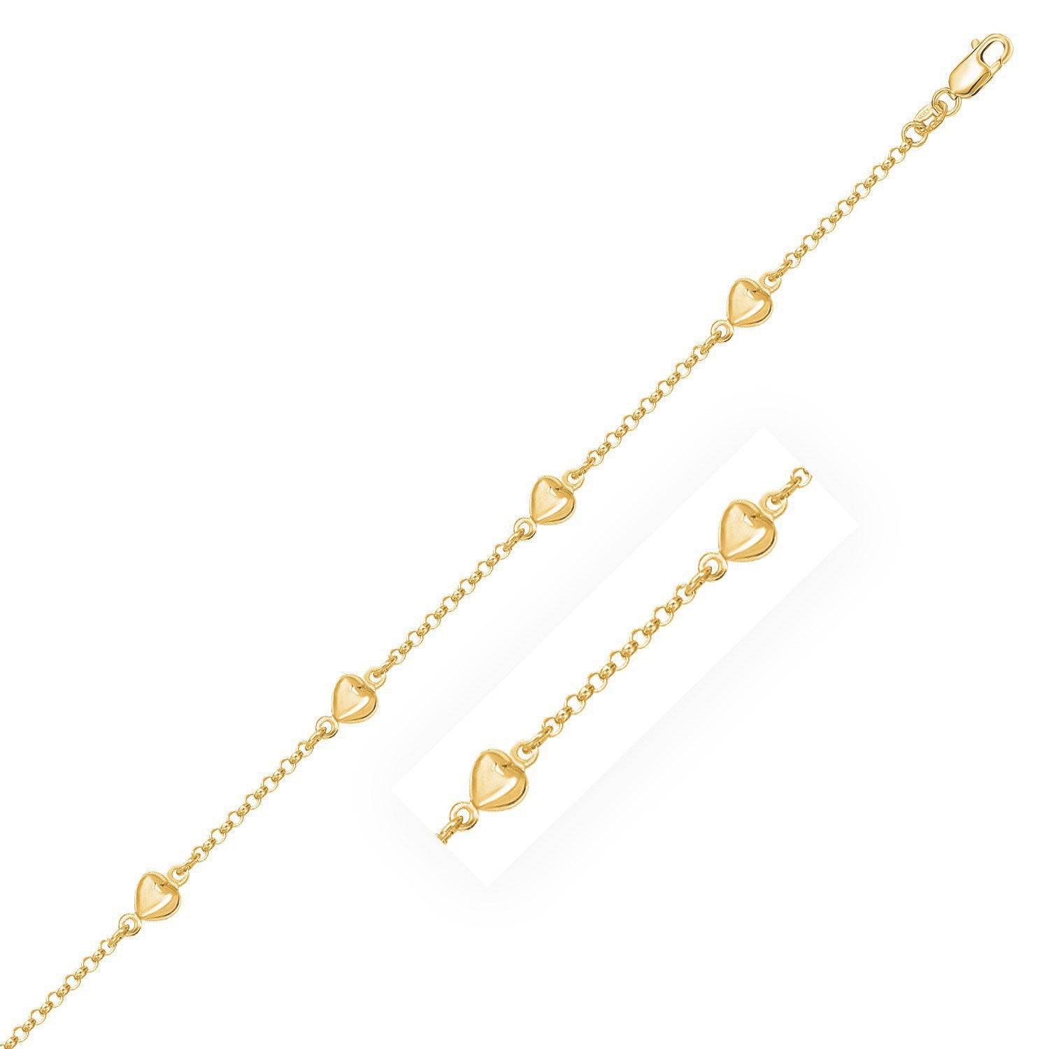 14k Yellow Gold Rolo Chain Bracelet with Puffed Heart Stations (3.30 mm) |