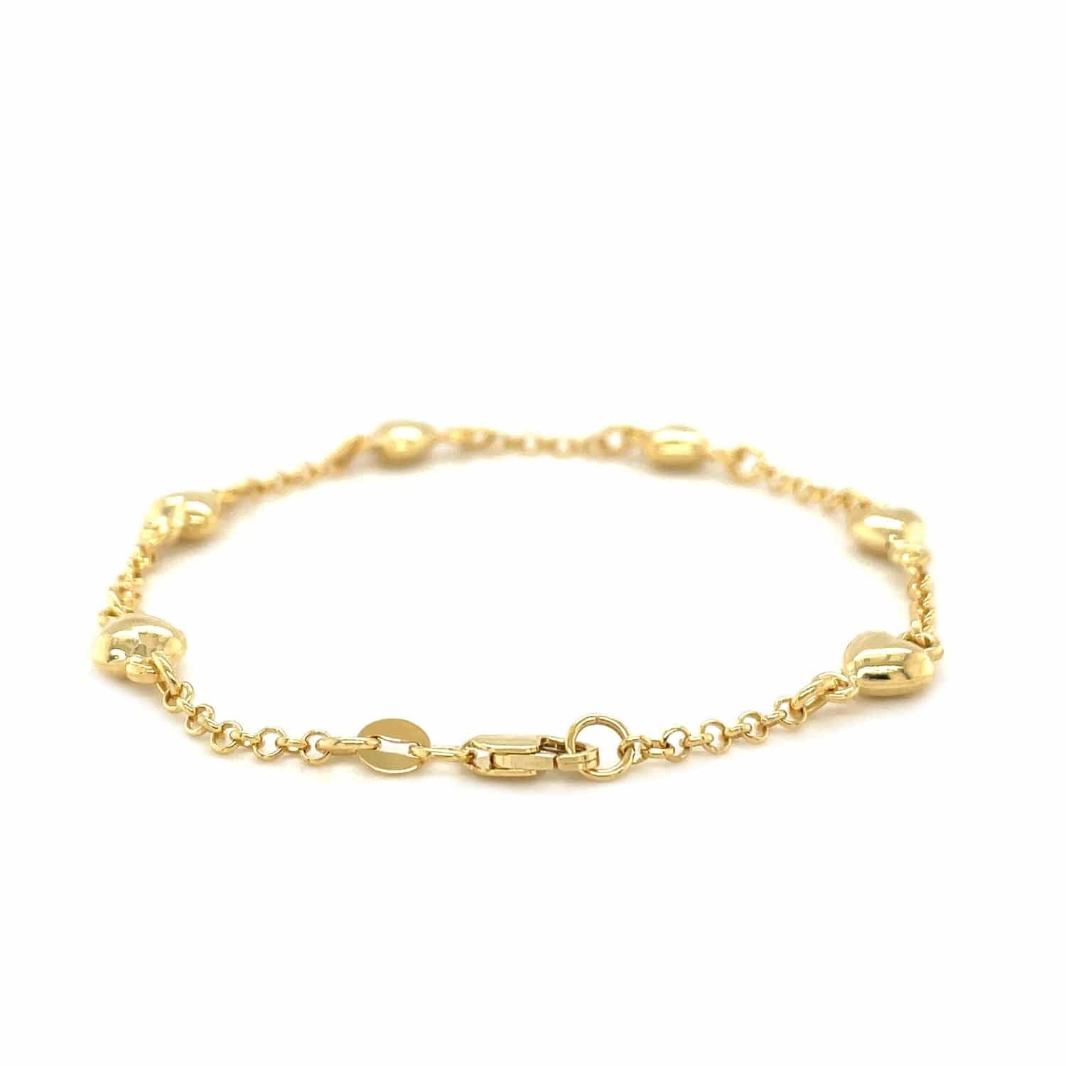 14k Yellow Gold Rolo Chain Bracelet with Puffed Heart Stations (3.30 mm) | - Forever in Harmony